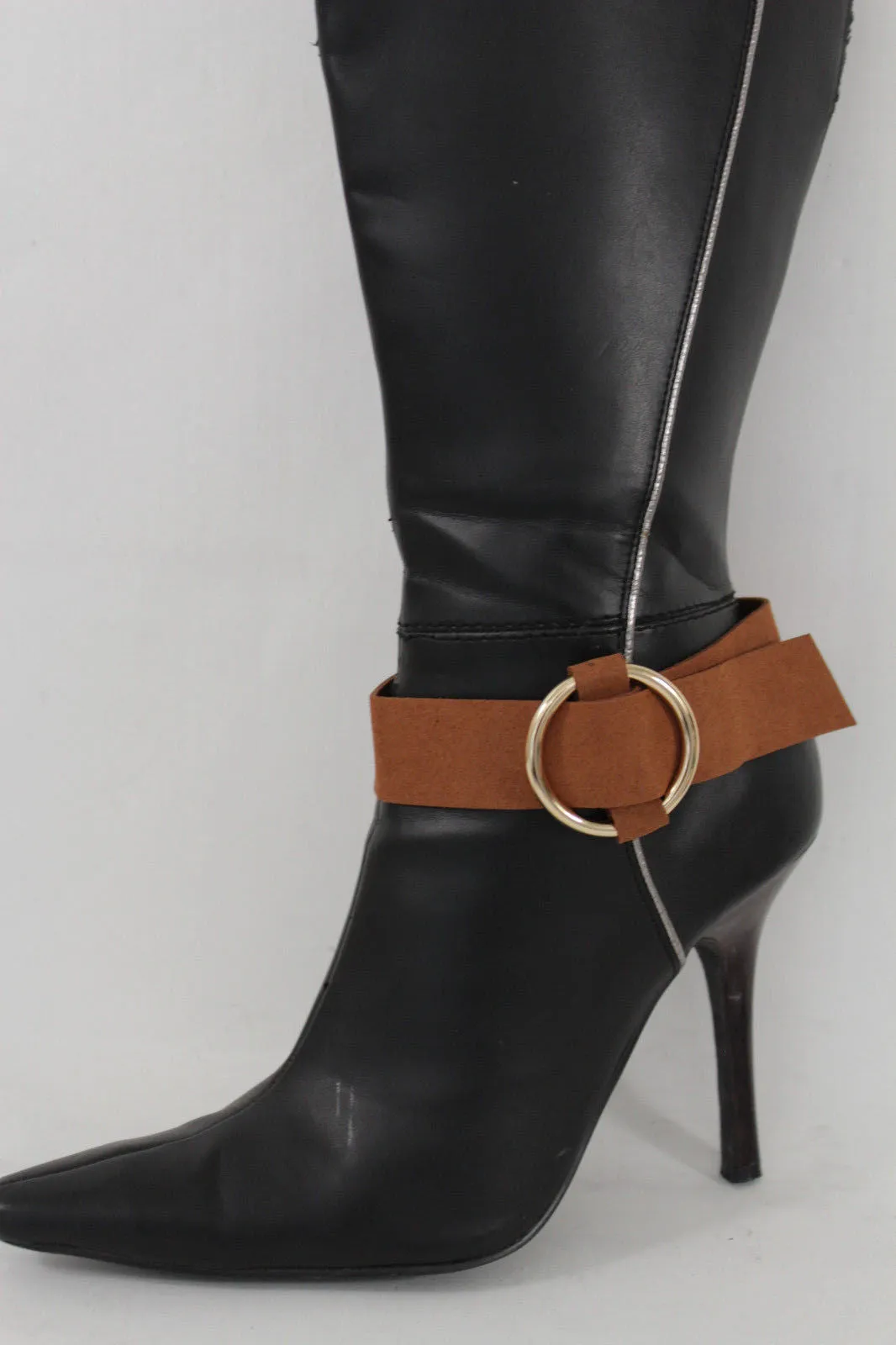 Faux Leather Fabric Strap Shoe Bling Gold Ring Buckle Hot Sexy Boot Bracelet