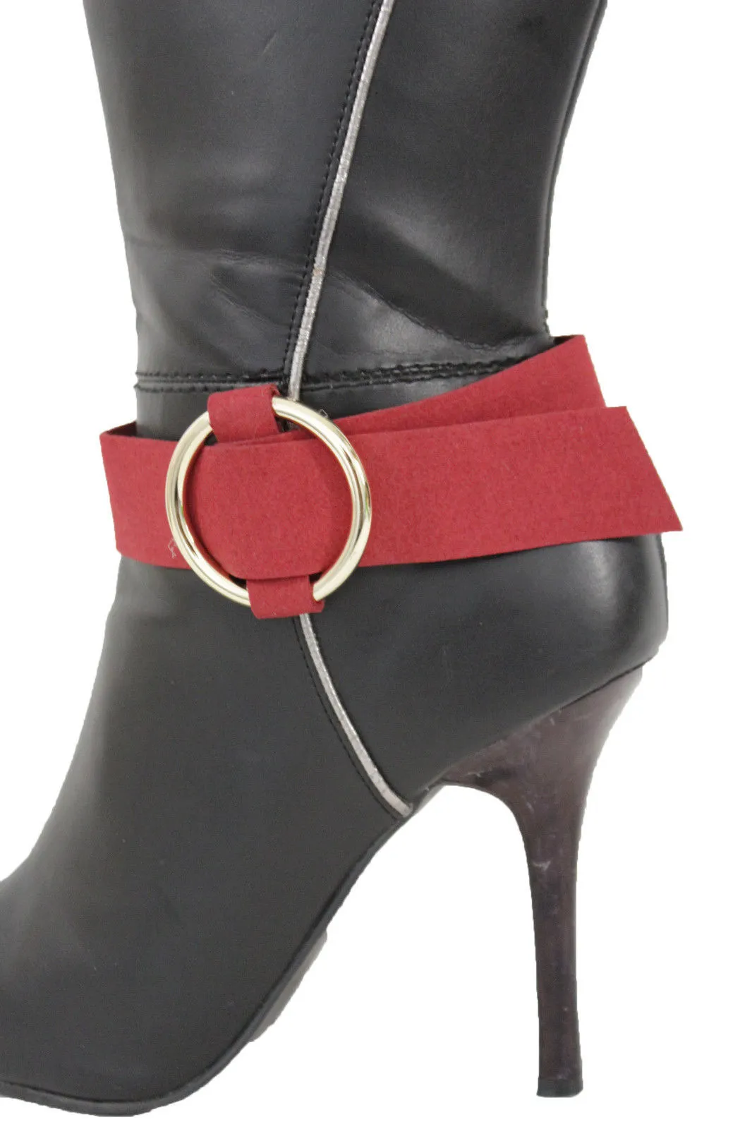 Faux Leather Fabric Strap Shoe Bling Gold Ring Buckle Hot Sexy Boot Bracelet