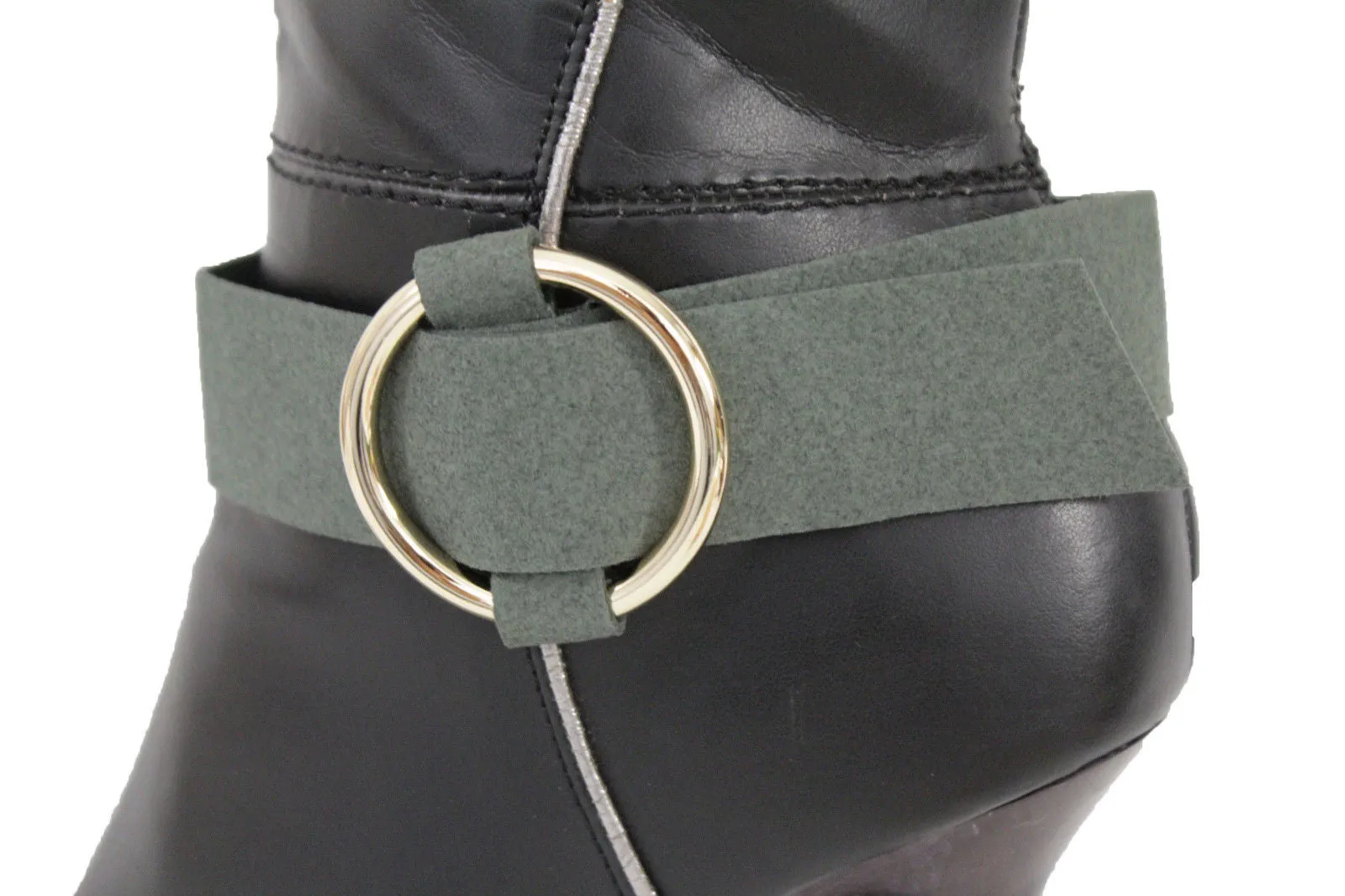 Faux Leather Fabric Strap Shoe Bling Gold Ring Buckle Hot Sexy Boot Bracelet