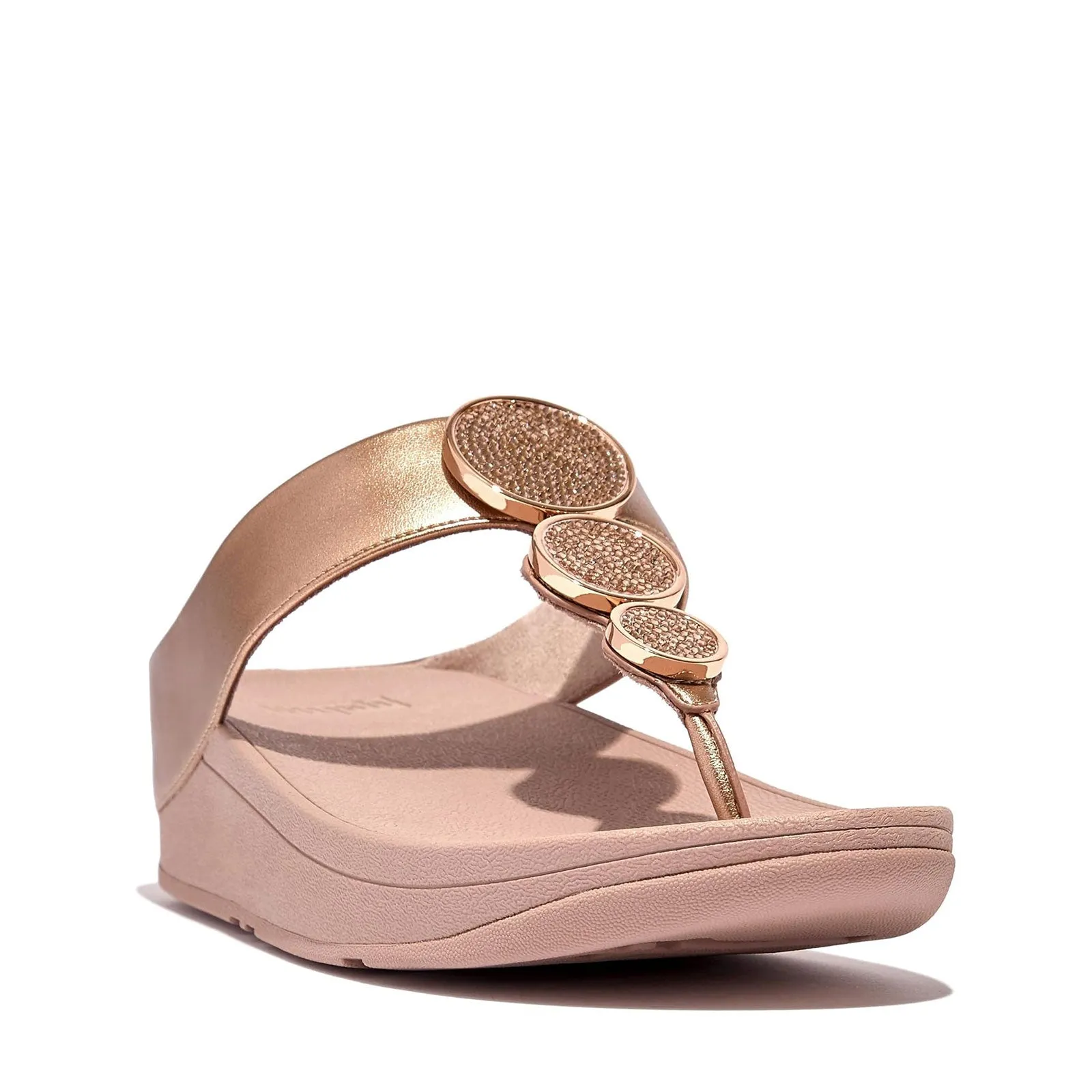 FitFlop Women's Halo Bead-Circle Metallic Toe-Post Sandals Wedge, Rose Gold