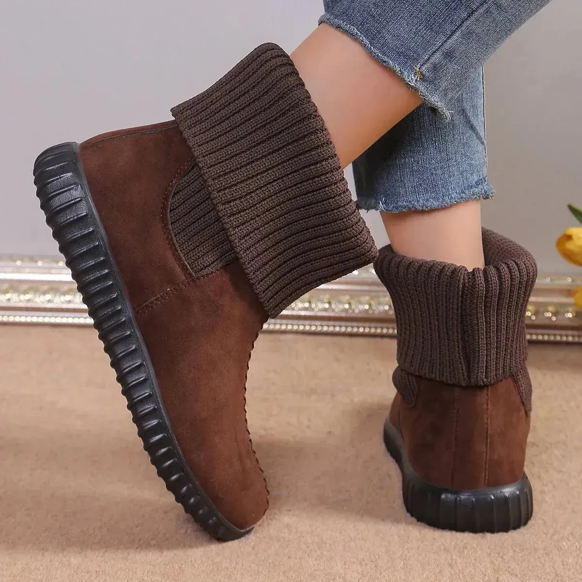 Flat Ankle Boots With Reversible Knitted Design Winter Fashion Comfortable Snow Boot For Women Shoes