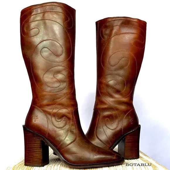 Frye Retro Swirl Stitching Tall Chunky High Heel Brown Leather Zippered Y2K Boots