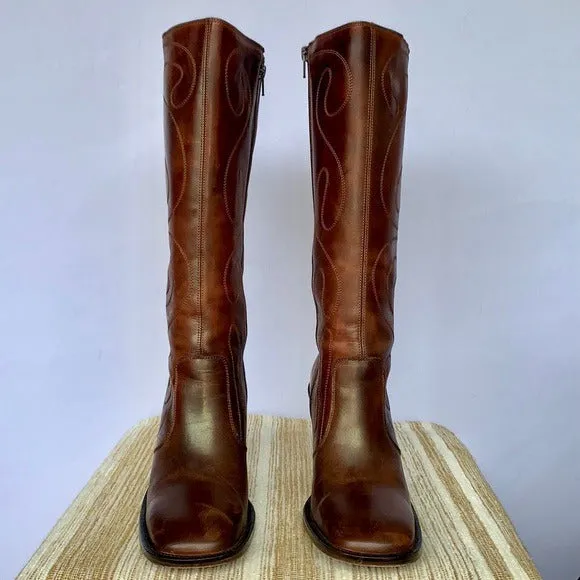 Frye Retro Swirl Stitching Tall Chunky High Heel Brown Leather Zippered Y2K Boots