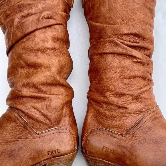 FRYE Vintage Dorado Slouch Brown Leather Tall Cowgirl Cowboy Boho Western Boots