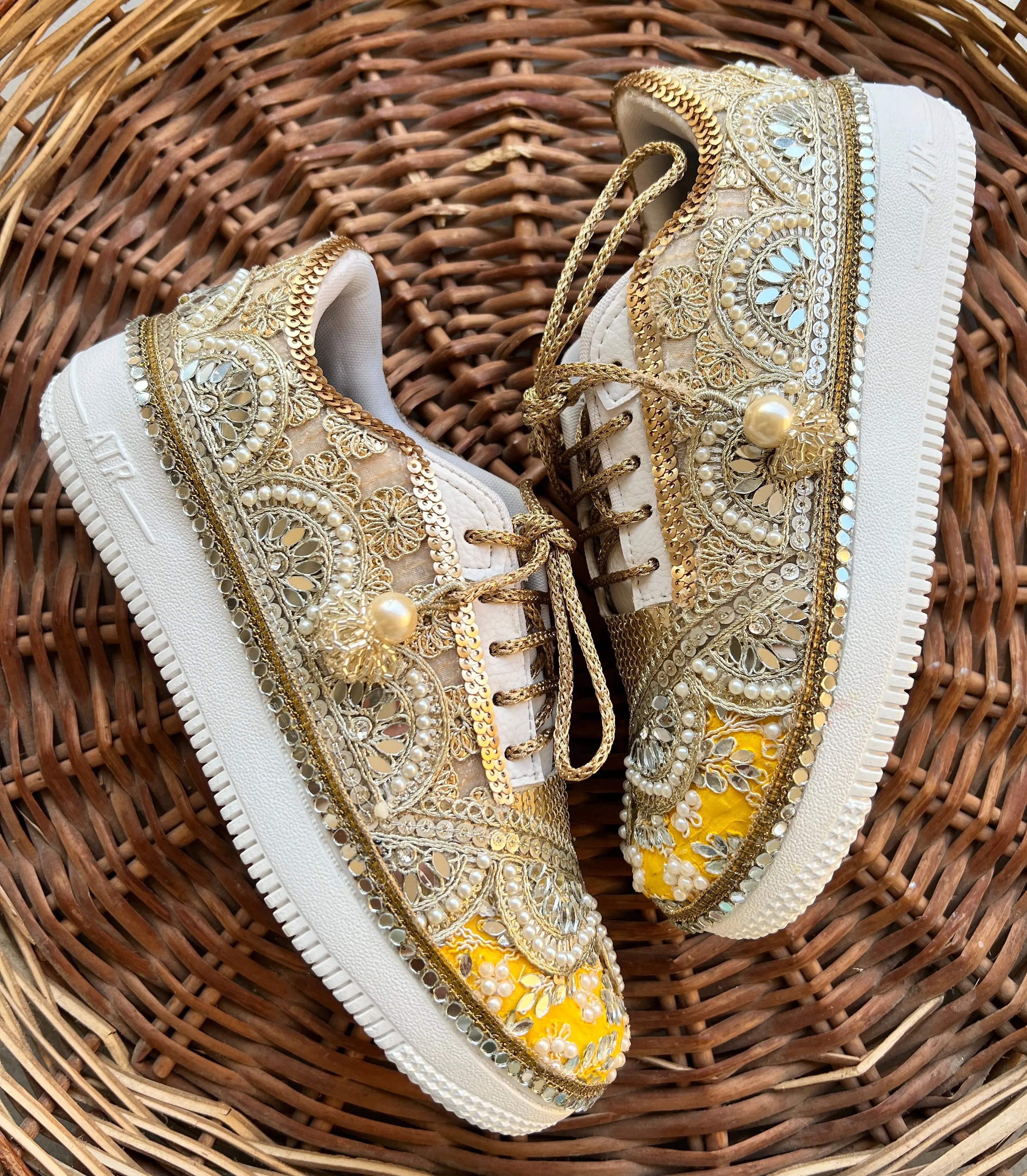 FUNKY N TRENDY gold and yellow sneakers for brides / yellow sneakers for bridesmaids/ gold sneakers / bridal sneakers / bridesmaid sneakers/ golden hand work sneakers/ yellow shoes / haldi sneakers