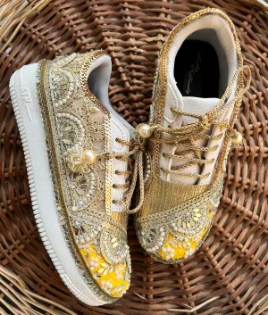 FUNKY N TRENDY gold and yellow sneakers for brides / yellow sneakers for bridesmaids/ gold sneakers / bridal sneakers / bridesmaid sneakers/ golden hand work sneakers/ yellow shoes / haldi sneakers