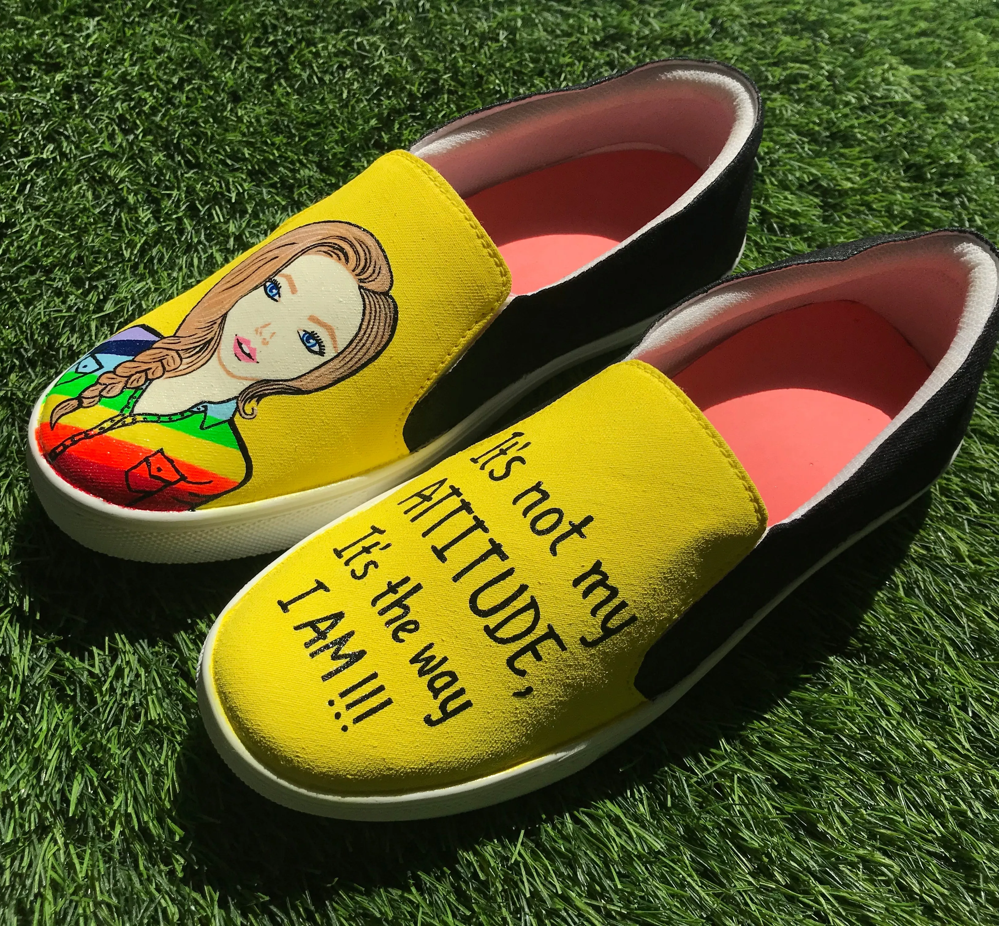 Funky N Trendy hand painted water resistant Quirky quote yellow slip on shoes/ handpainted shoes/ women shoes / funky shoes/ white handpainted shoes