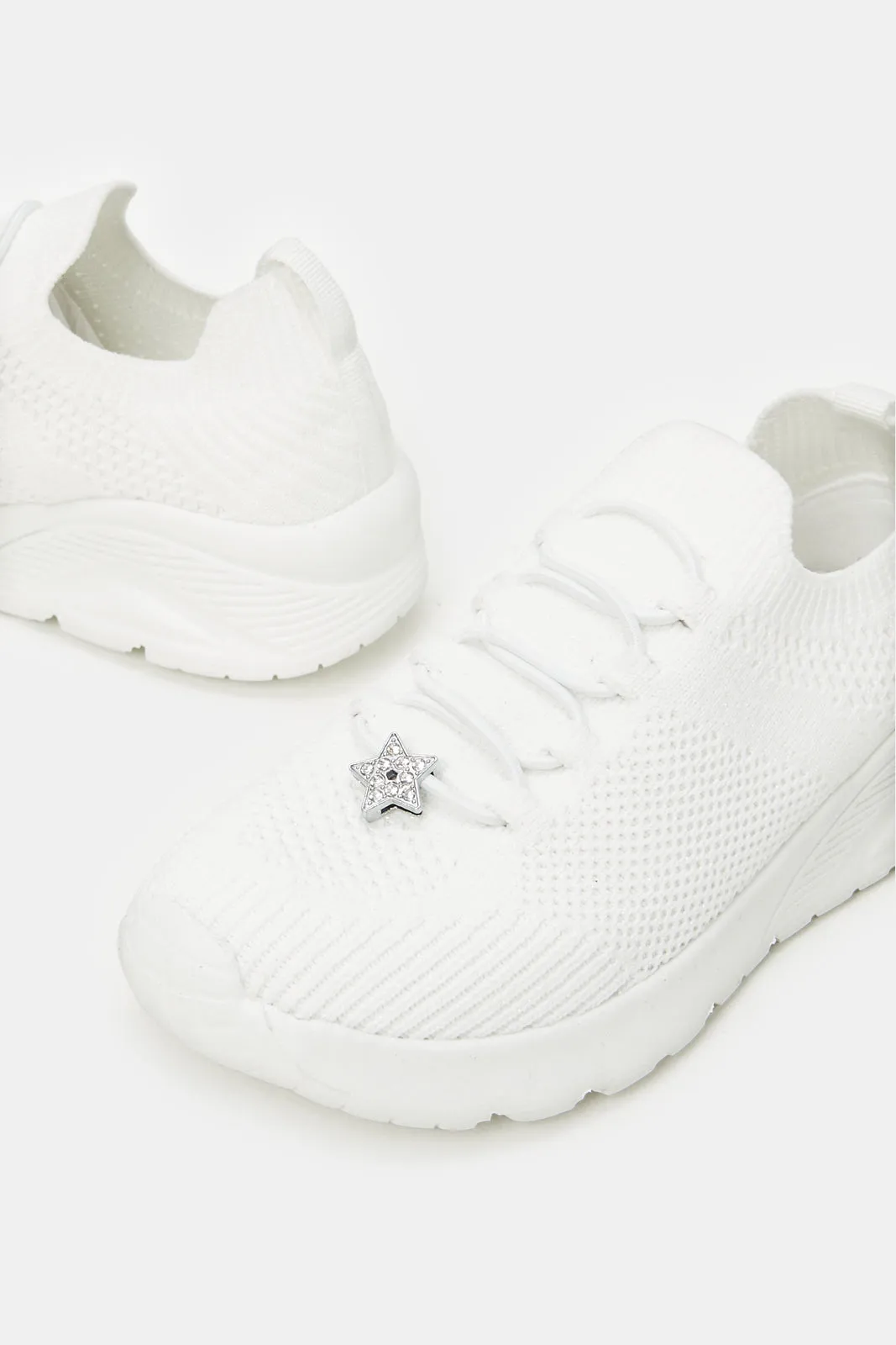 Girls Textured Embellished White Slip-On Sneakers