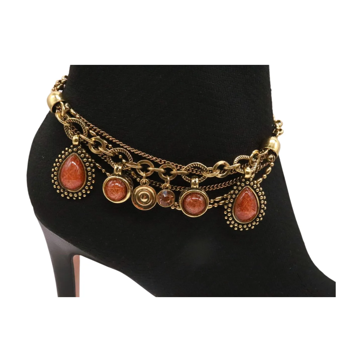 Gold Boot Chain Bracelet Western Shoe Anklet Brown Bead Charm Multi Strand