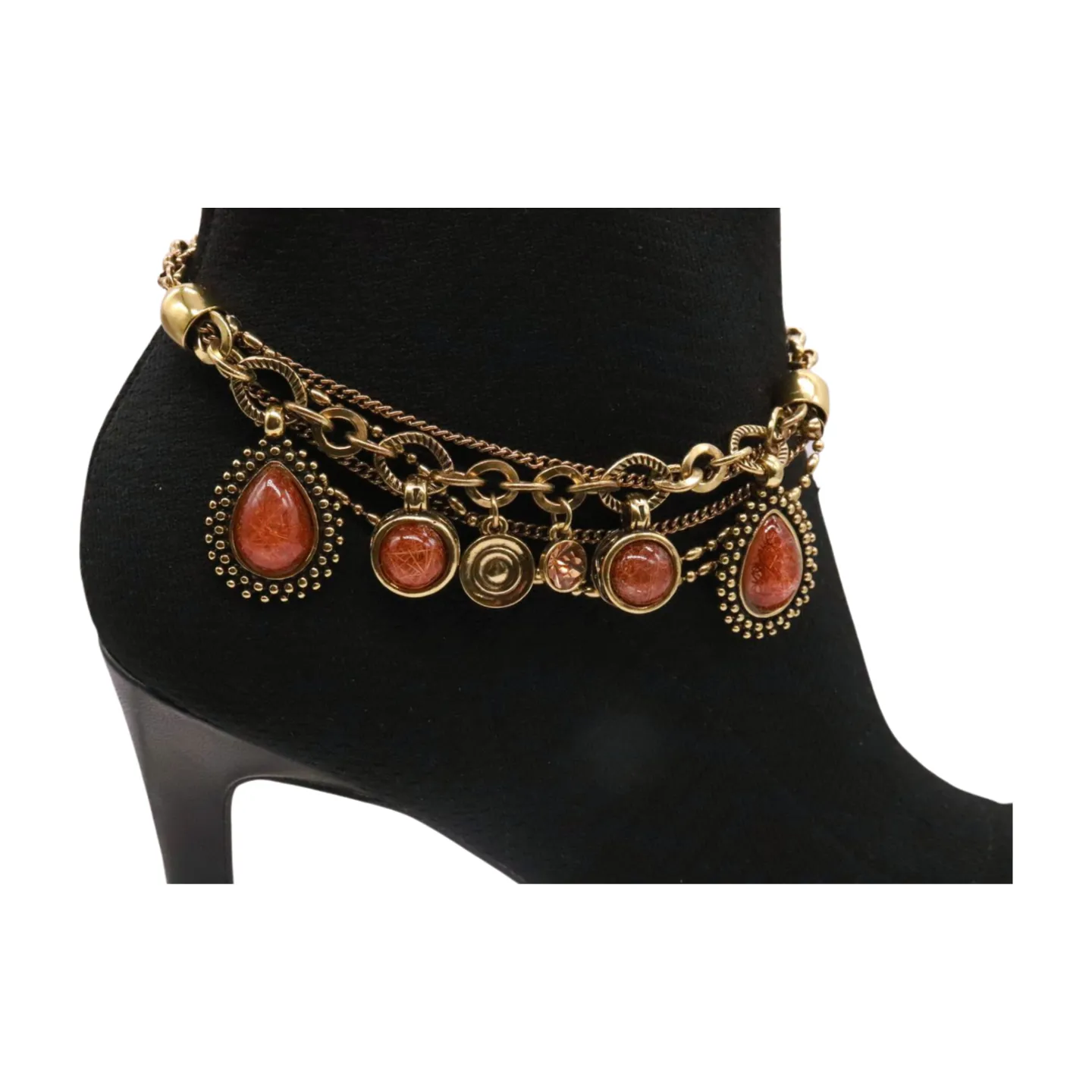 Gold Boot Chain Bracelet Western Shoe Anklet Brown Bead Charm Multi Strand