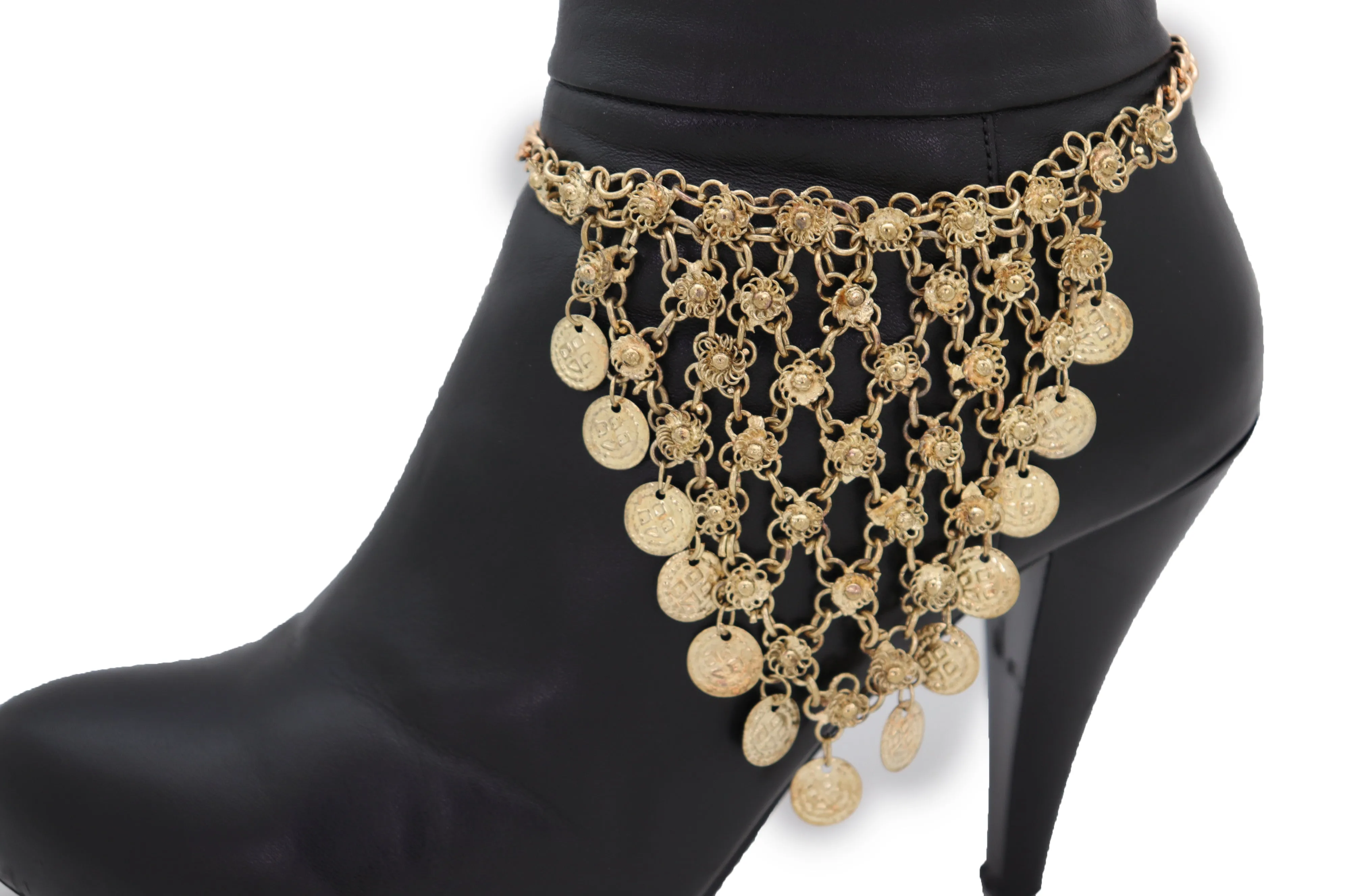 Gold Boot Chain Bracelet Western Shoe Ethnic Coin Charm