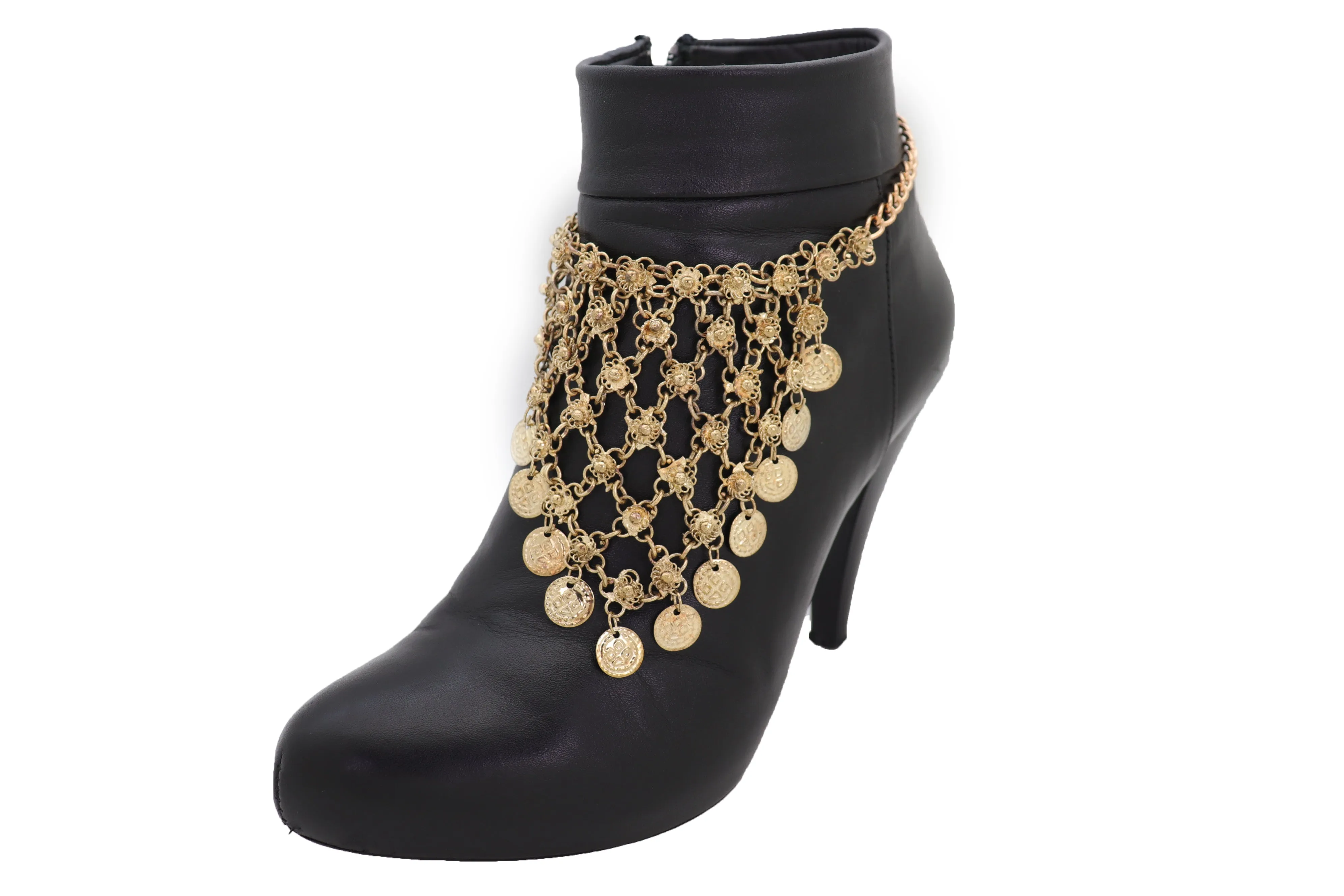 Gold Boot Chain Bracelet Western Shoe Ethnic Coin Charm