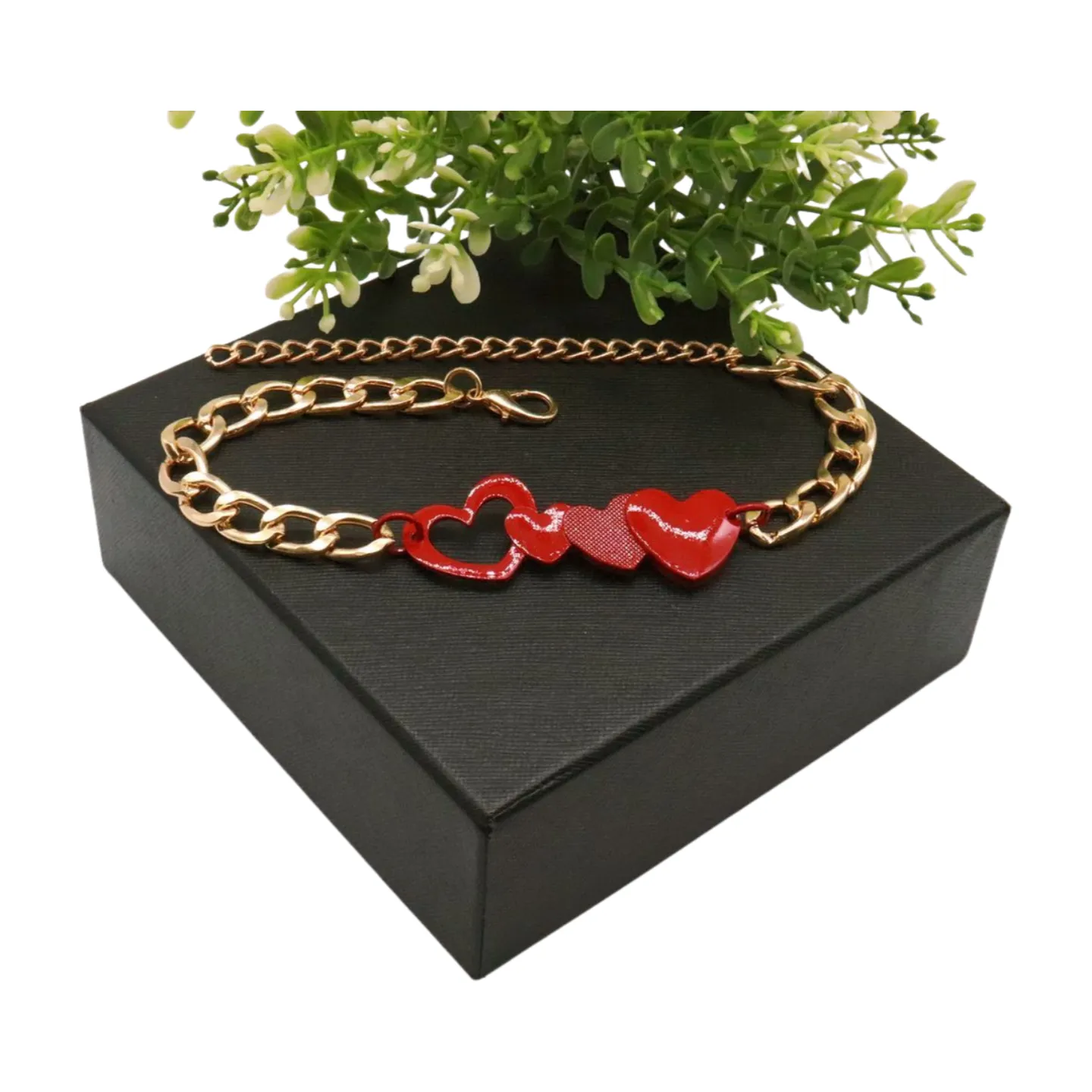 Gold Metal Boot Chain Bracelet Shoe Red Heart Charm