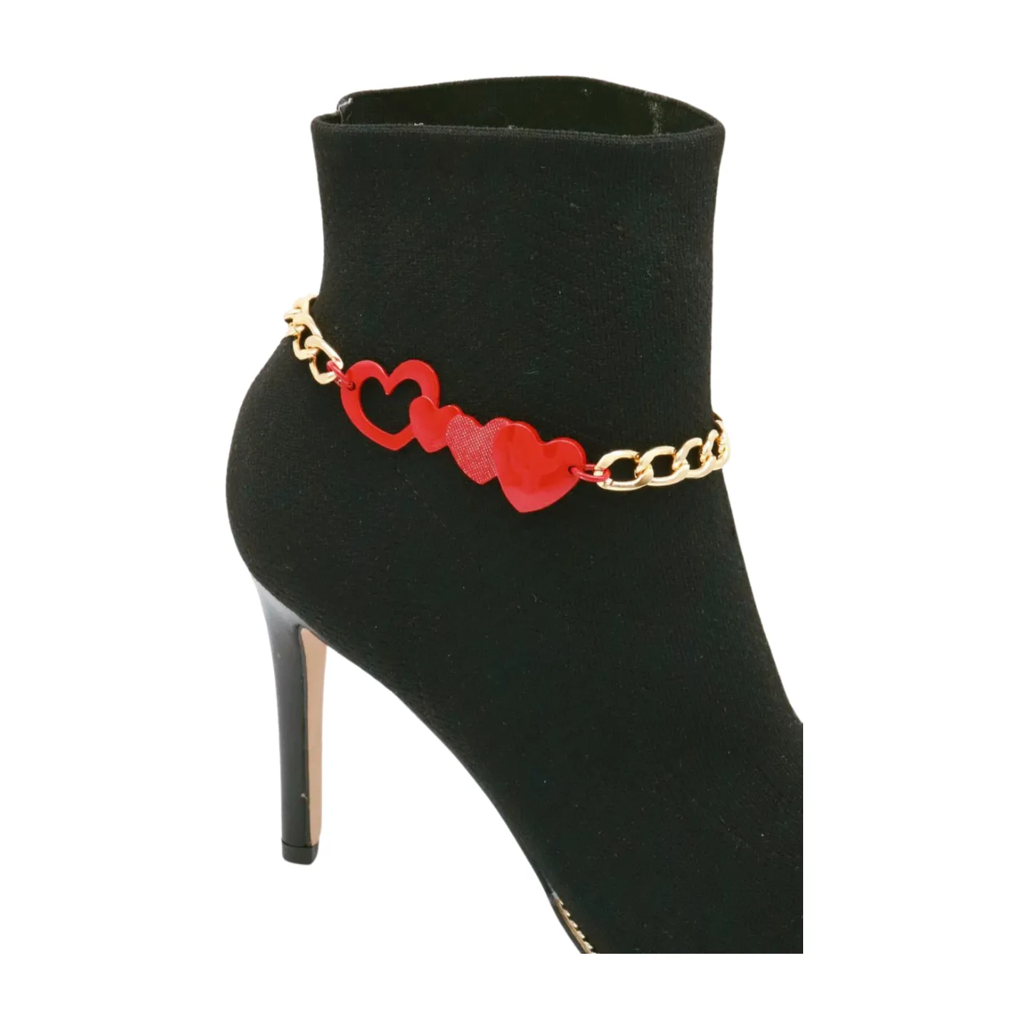 Gold Metal Boot Chain Bracelet Shoe Red Heart Charm