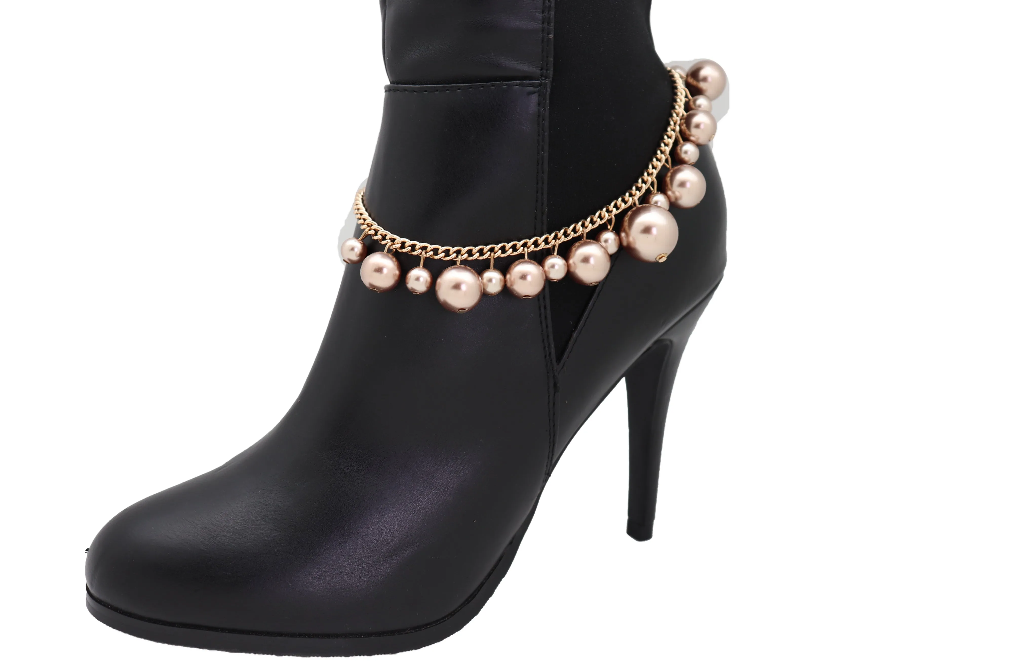 Gold Metal Chain Boot Bracelet Anklet Shoe Bronze Pearl Bead Charm Jewelry