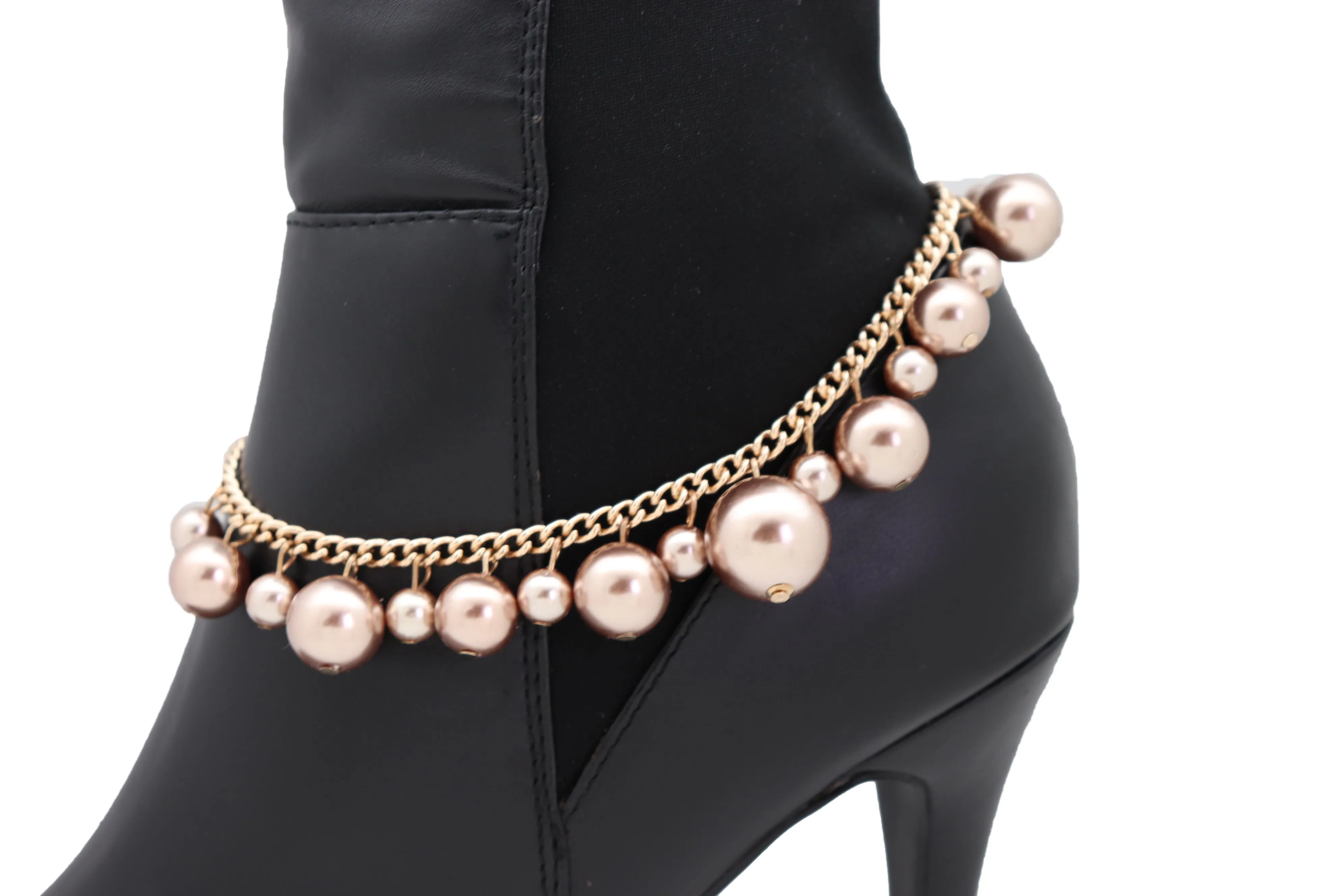 Gold Metal Chain Boot Bracelet Anklet Shoe Bronze Pearl Bead Charm Jewelry