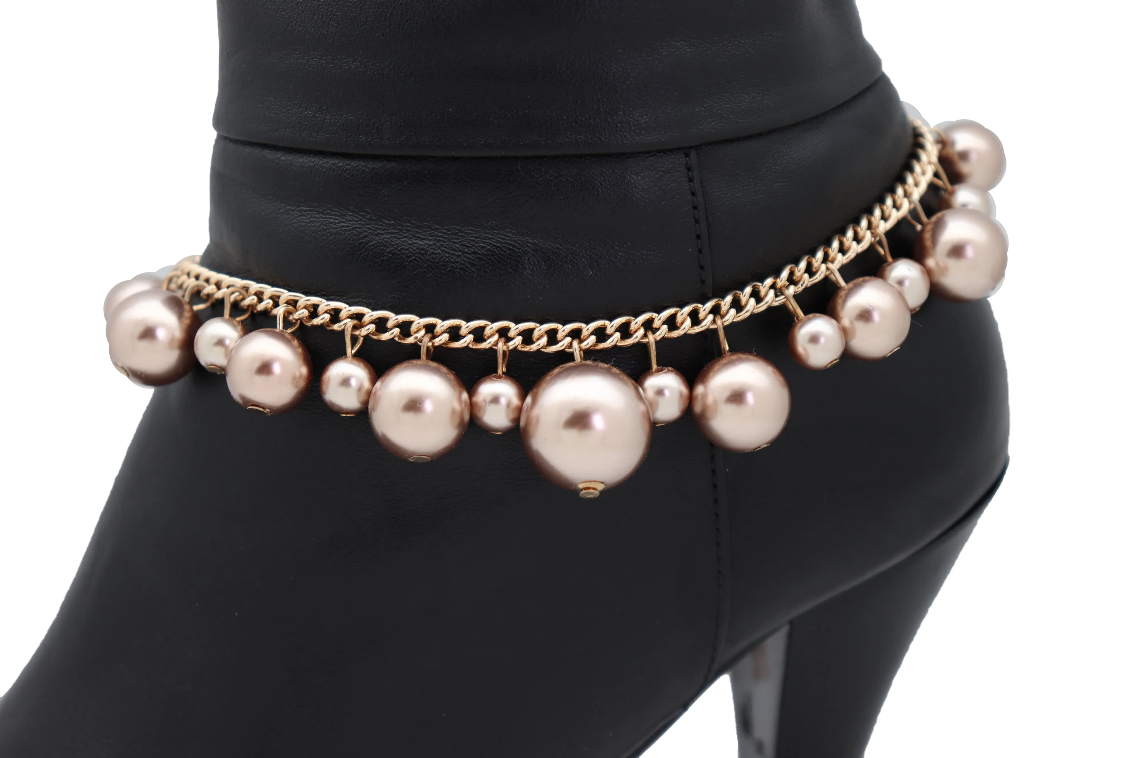 Gold Metal Chain Boot Bracelet Anklet Shoe Bronze Pearl Bead Charm Jewelry