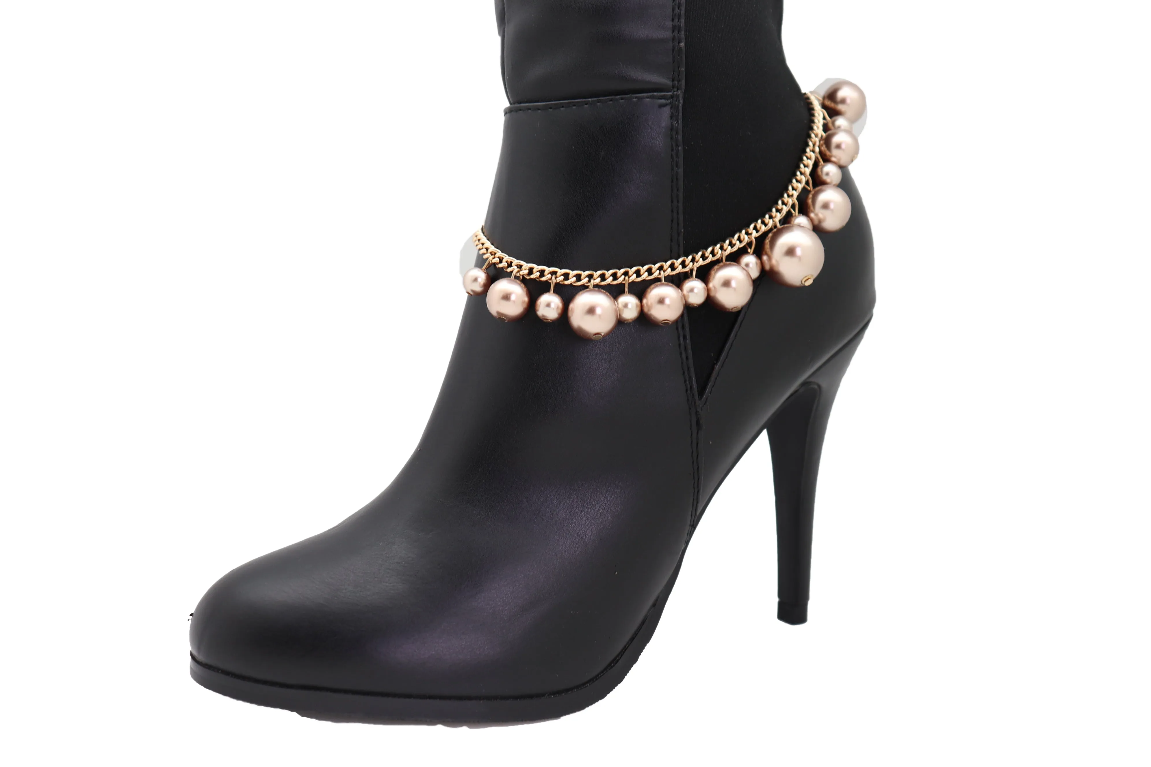 Gold Metal Chain Boot Bracelet Anklet Shoe Bronze Pearl Bead Charm Jewelry