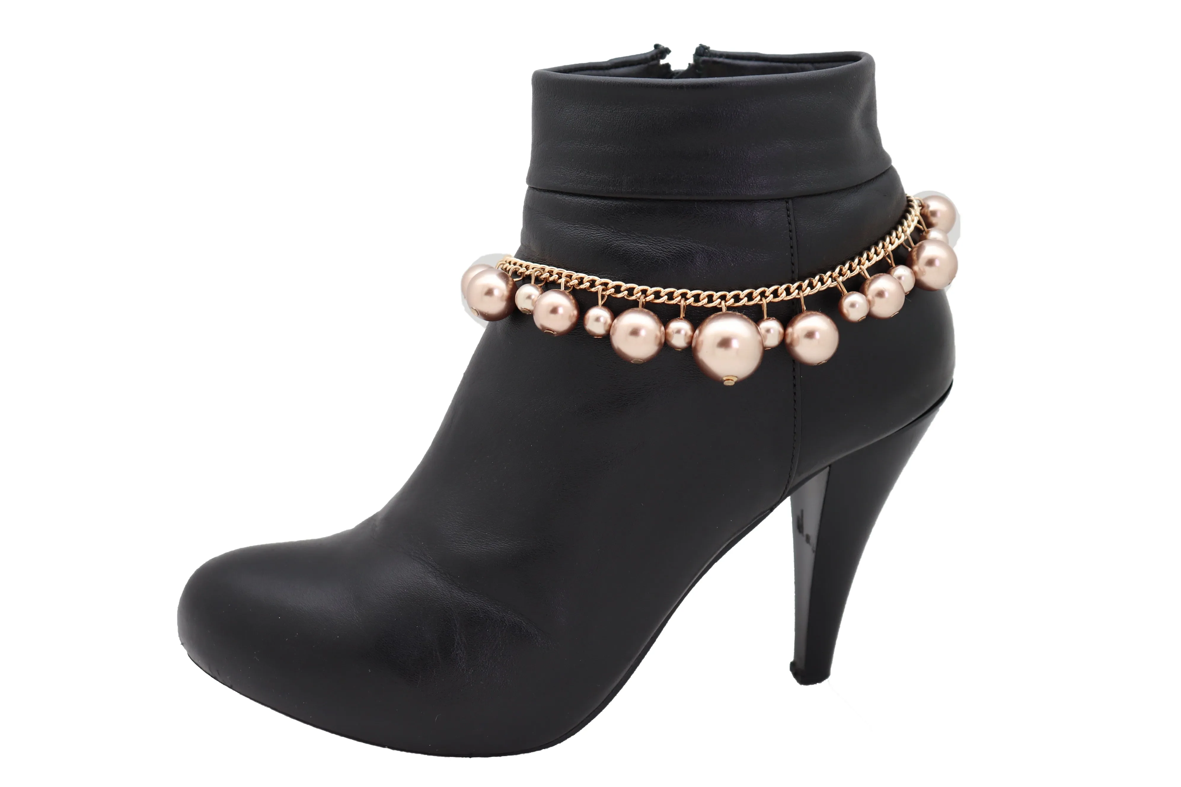 Gold Metal Chain Boot Bracelet Anklet Shoe Bronze Pearl Bead Charm Jewelry