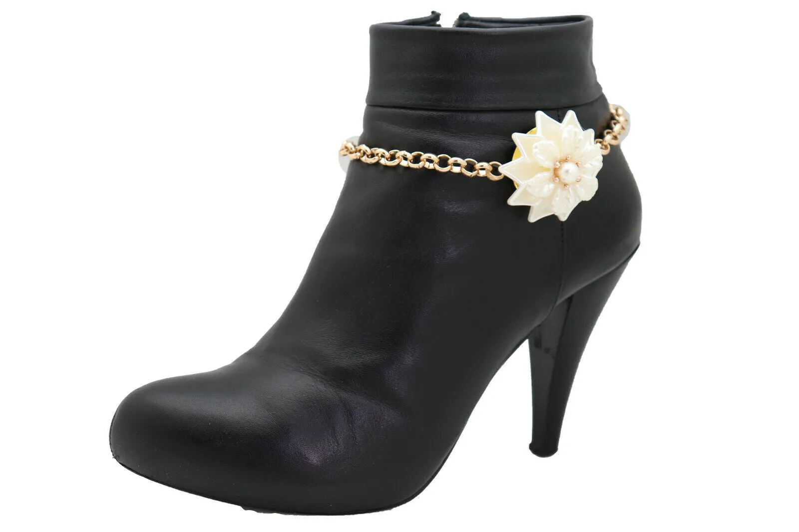 Gold Metal Chain Boot Bracelet Anklet Shoe Cream Bead Flower Charm Fashion