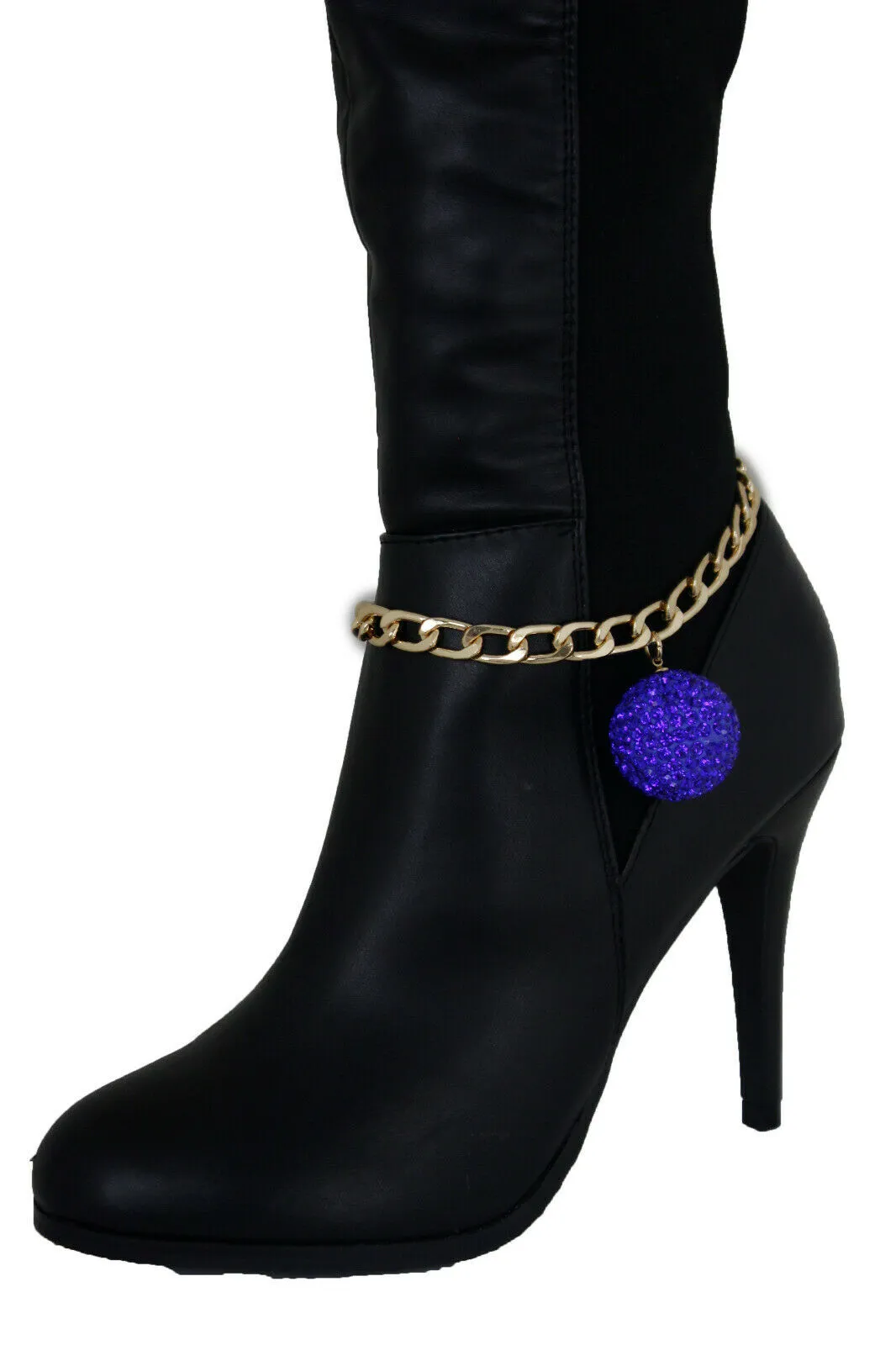 Gold Metal Chain Boot Bracelet Blue Disco Ball Shoe Charm