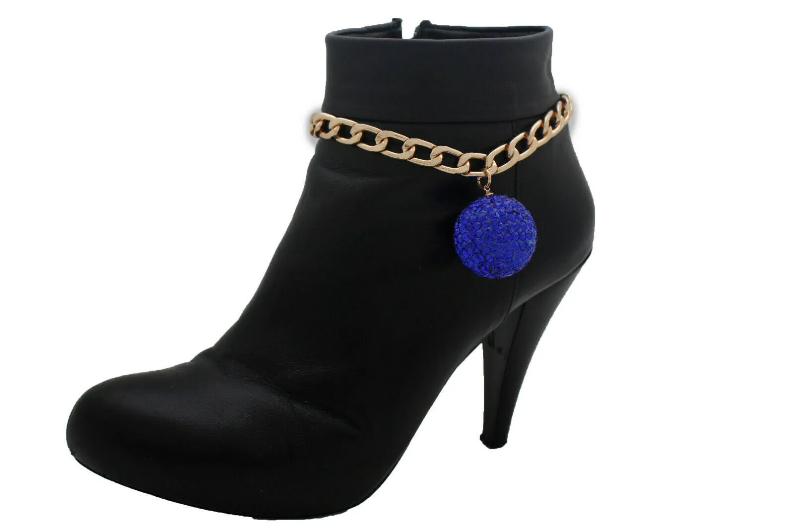 Gold Metal Chain Boot Bracelet Blue Disco Ball Shoe Charm