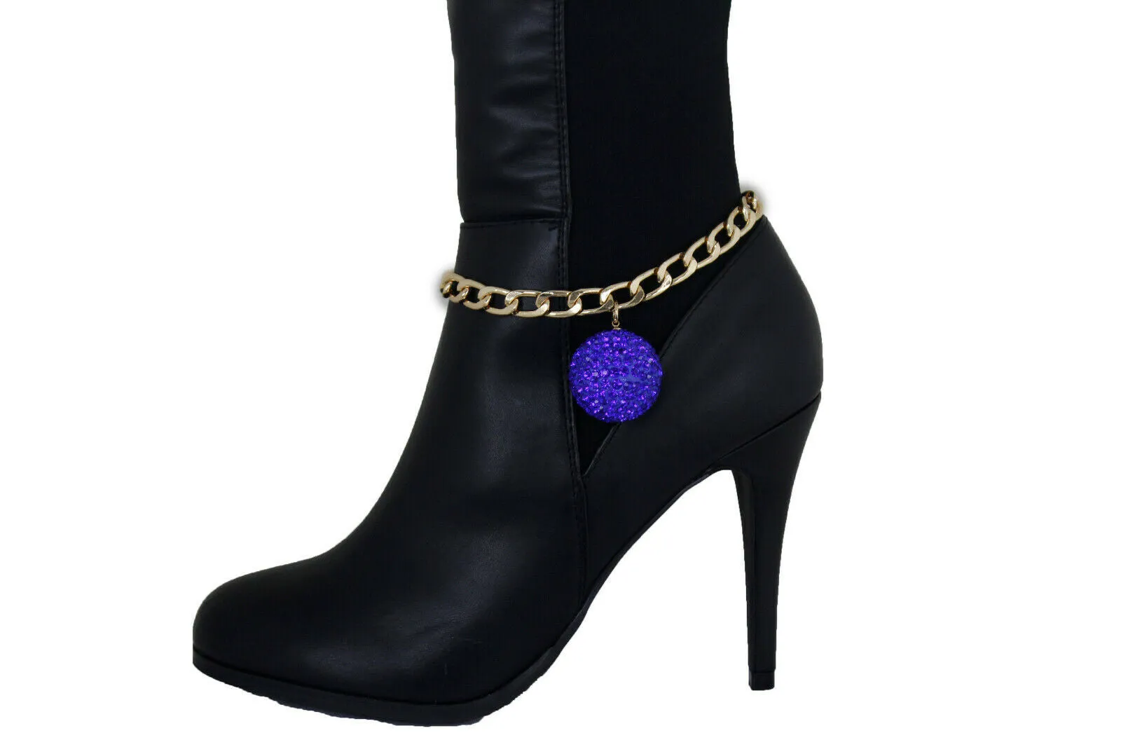 Gold Metal Chain Boot Bracelet Blue Disco Ball Shoe Charm