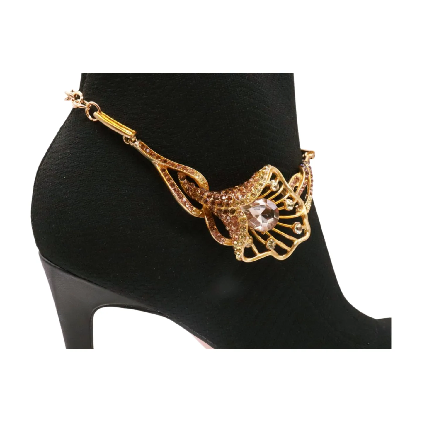 Gold Metal Chain Boot Bracelet Shoe Anklet Lily Flower Charm