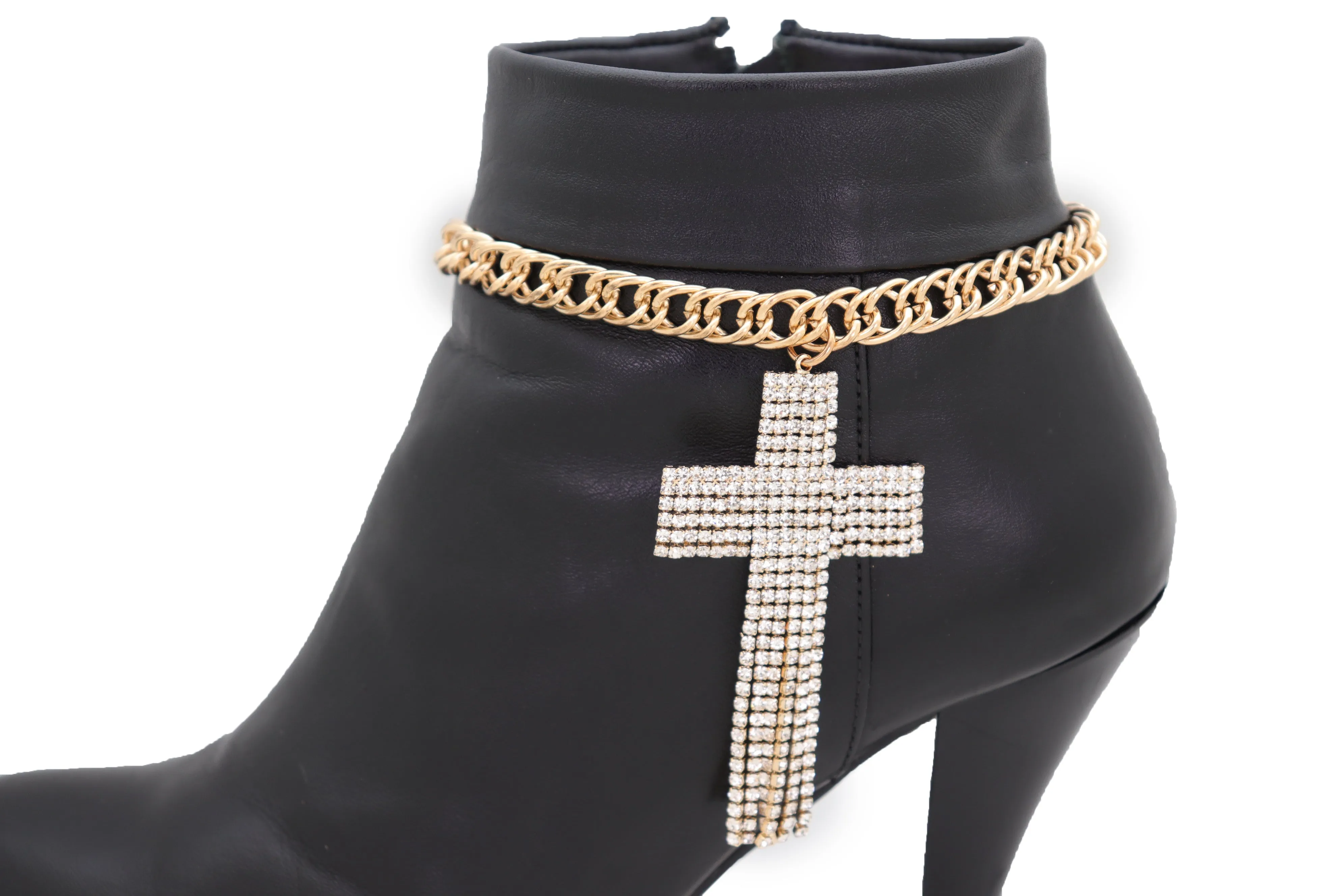 Gold Metal Chain Boot Bracelet Shoe Bling Cross Charm Religious Jewelry