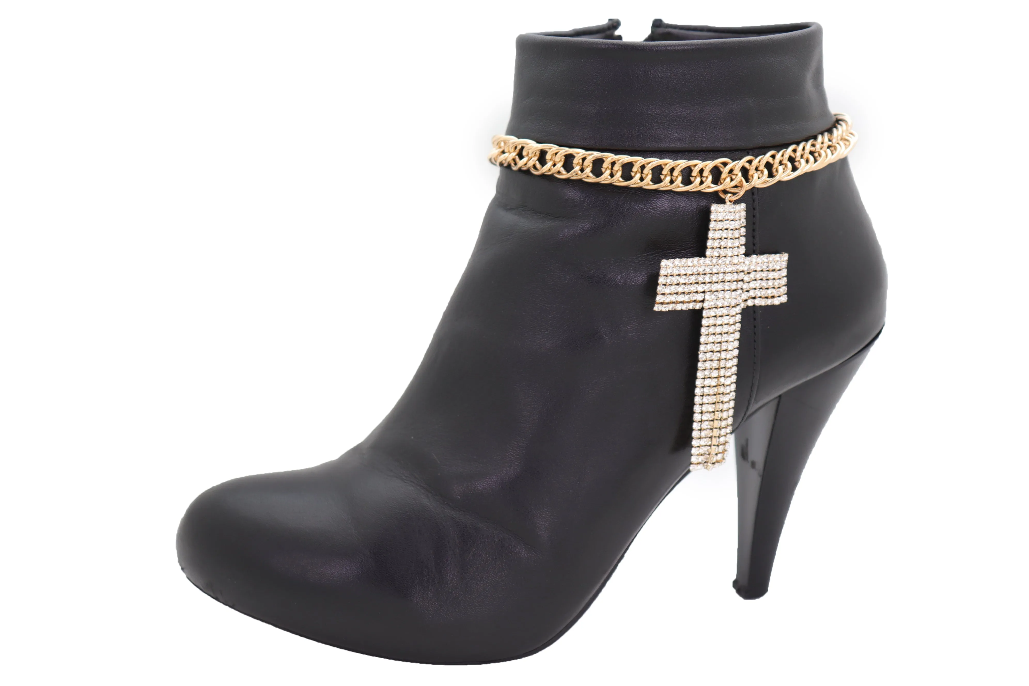 Gold Metal Chain Boot Bracelet Shoe Bling Cross Charm Religious Jewelry