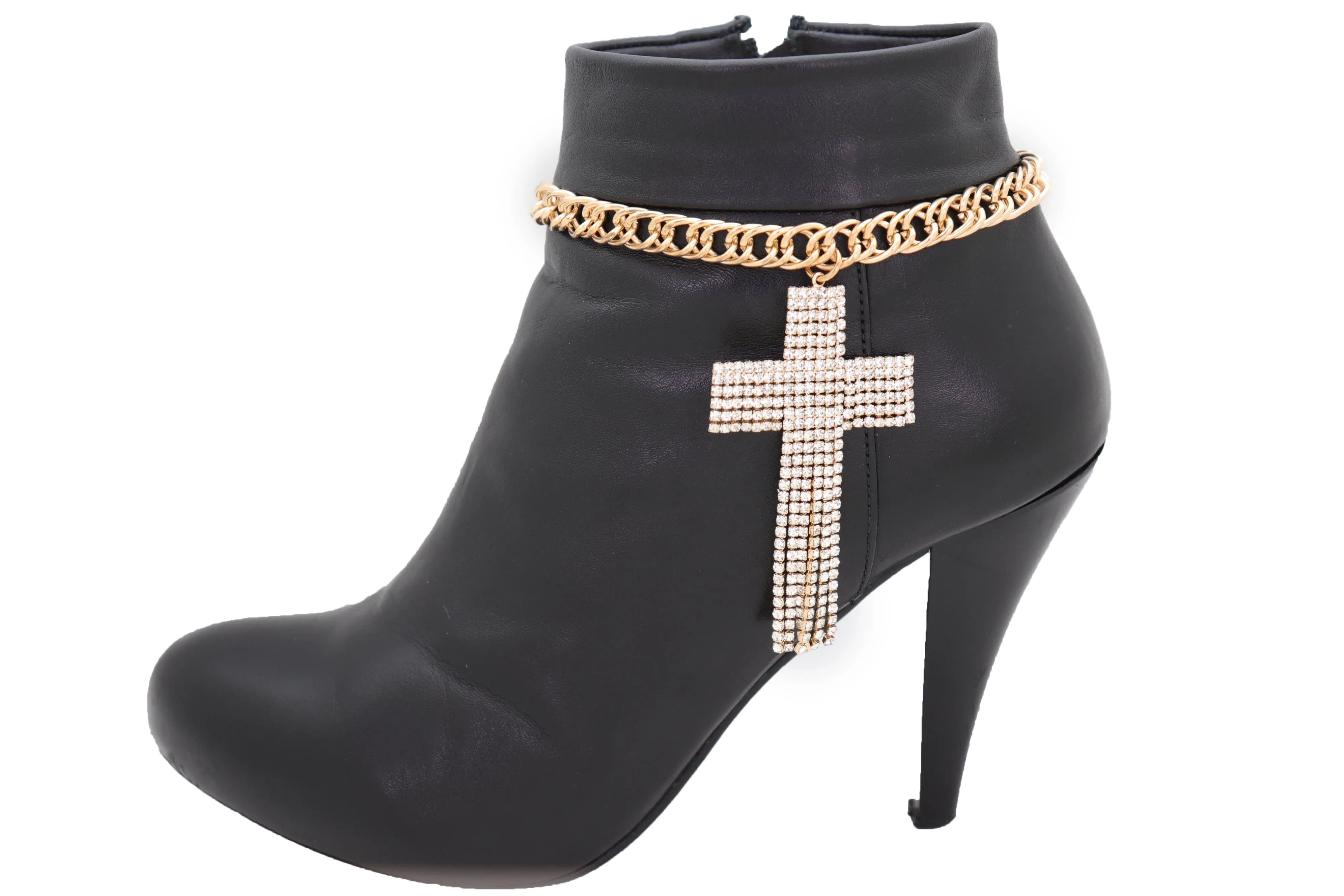 Gold Metal Chain Boot Bracelet Shoe Bling Cross Charm Religious Jewelry