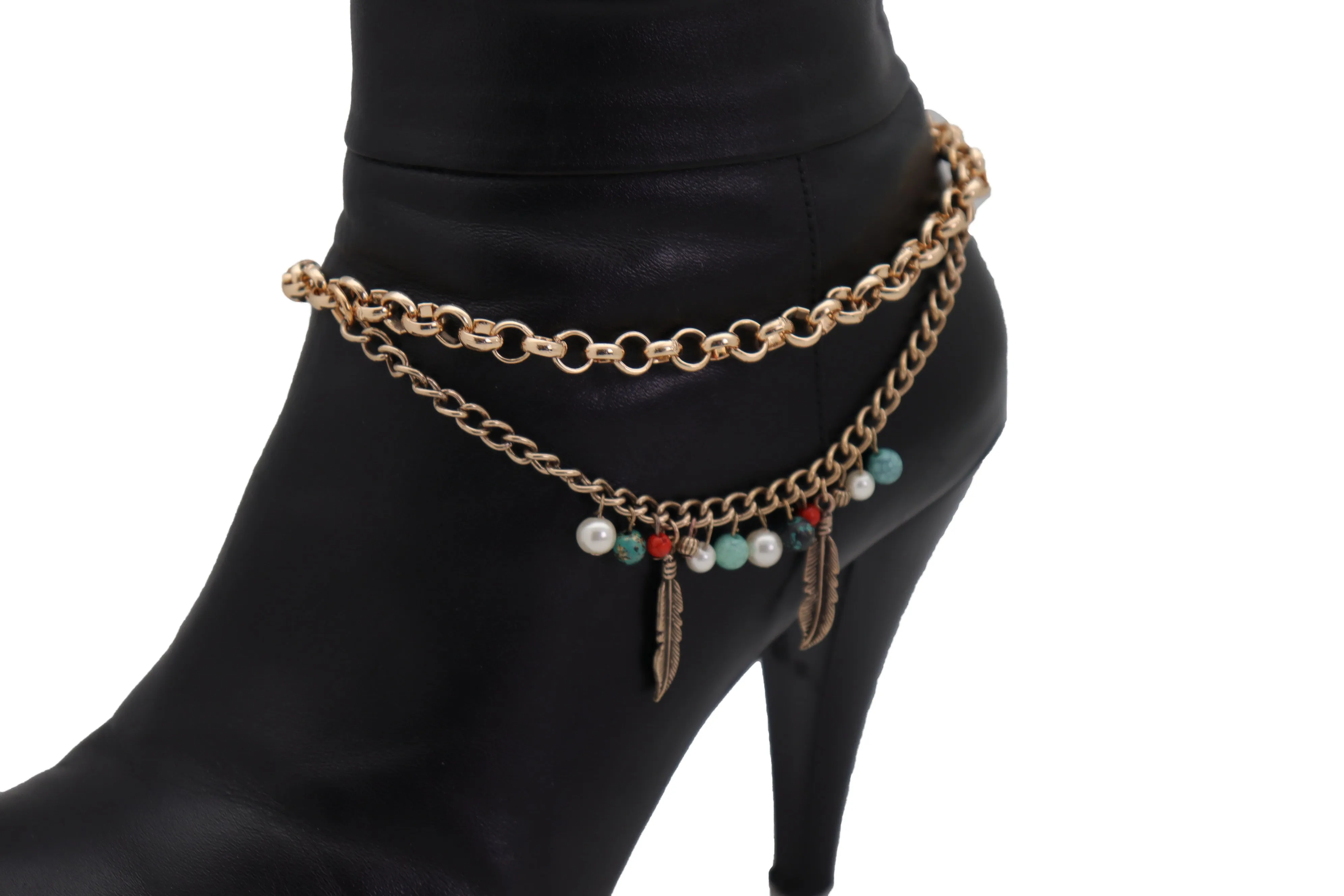 Gold Metal Chain Boot Bracelet Shoe Ethnic Indian Feather Charm Anklet