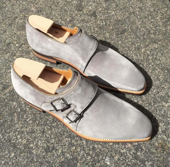 Handmade Gray Suede Double Monk Strap shoes for men's