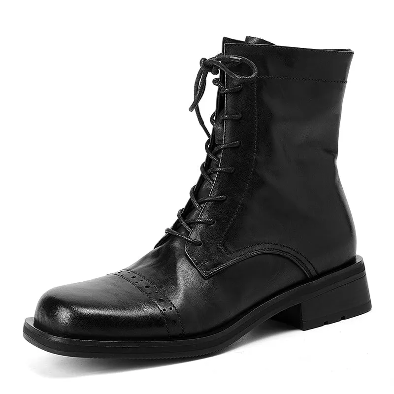 Handmade Leather Derby Boots Biker Boots Lace-Up Combat Boots Chunky Ankle Boots