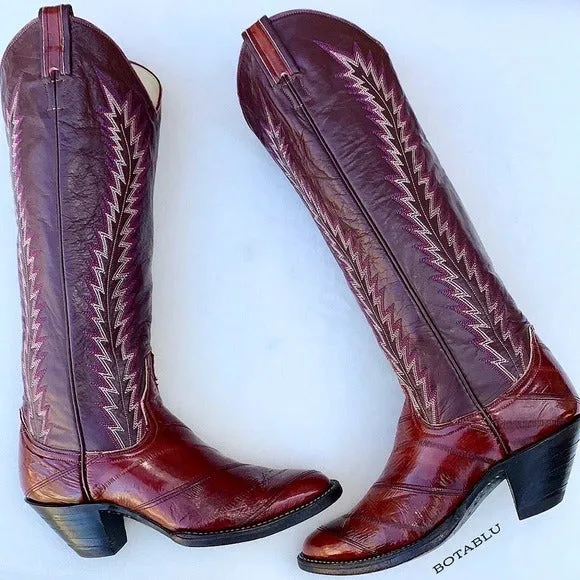 LARRY MAHAN Vintage Eel Exotic Tall Knee High Red Cowgirl Cowboy Western Boots