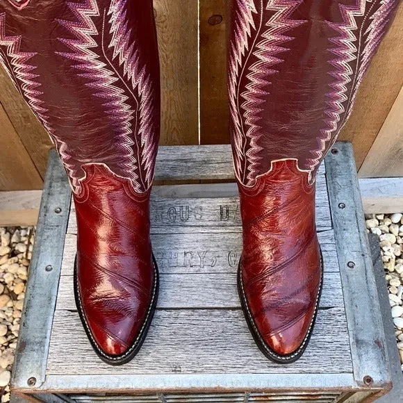 LARRY MAHAN Vintage Eel Exotic Tall Knee High Red Cowgirl Cowboy Western Boots