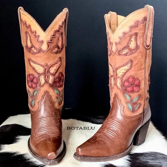 LIBERTY BOOT CO. Butterfly Floral Cowgirl Cowboy Western Boots