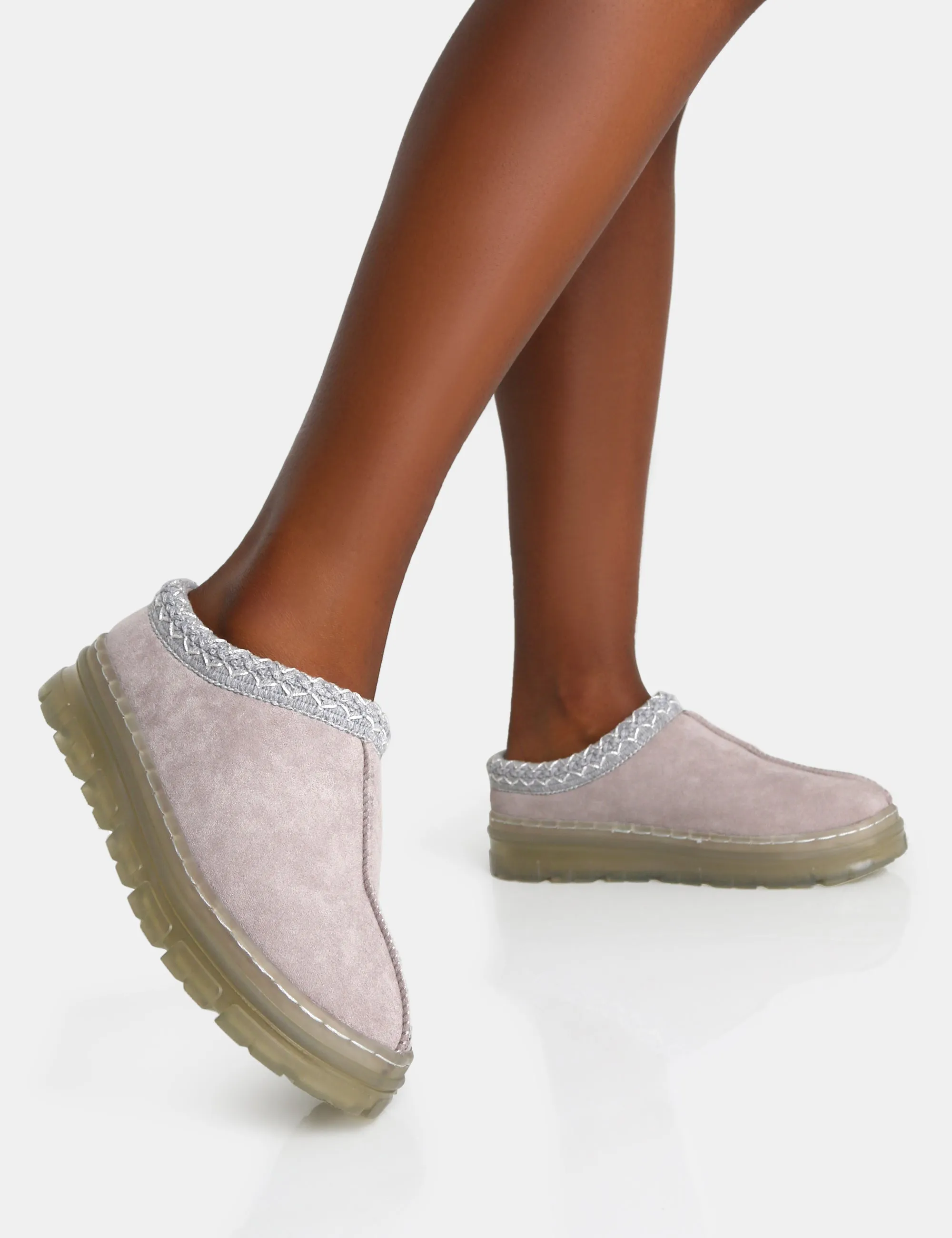 Nala Light Grey Faux Suede Embroidered Slipper Platform Boots