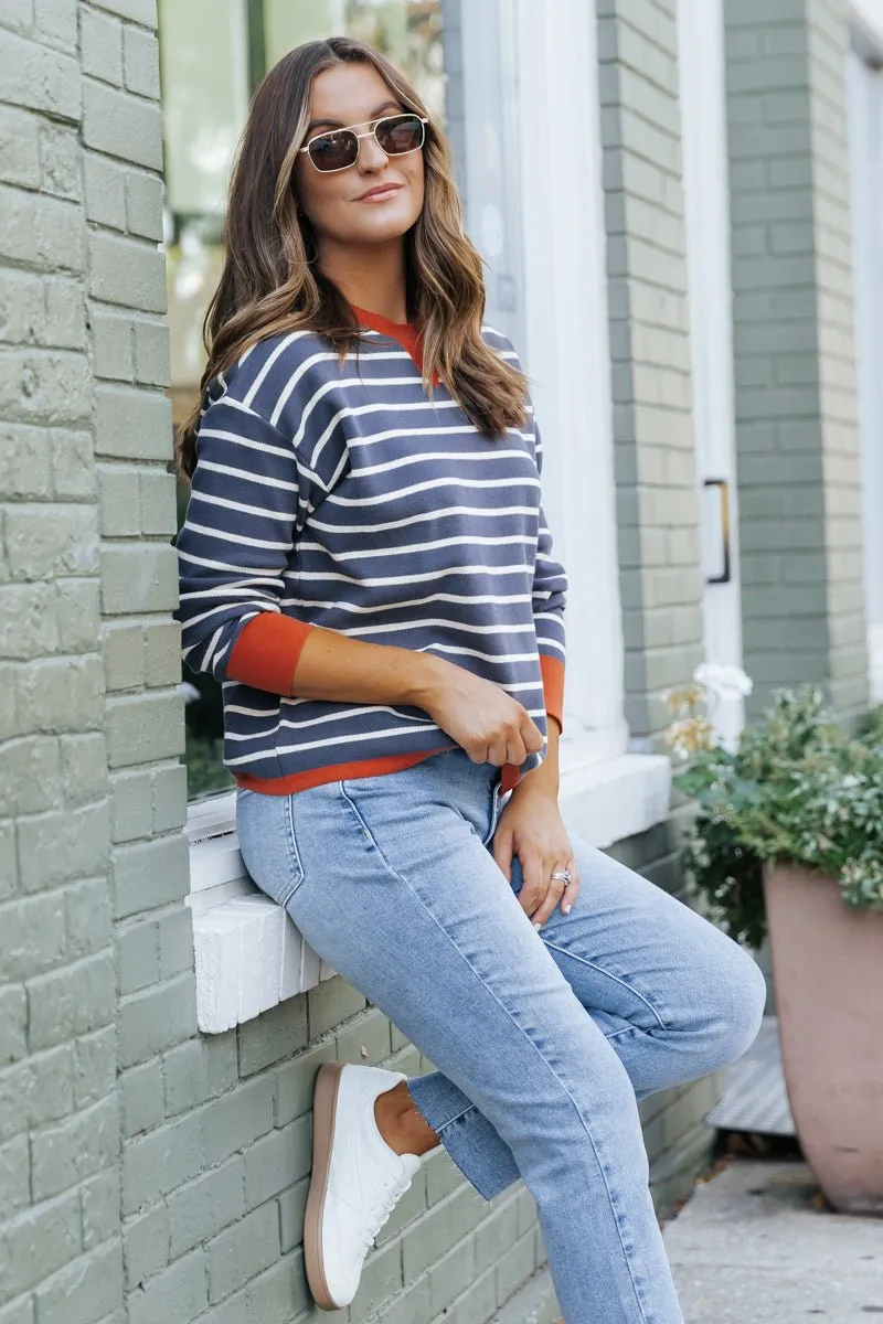 Navy Stripe Orange Contrast Sweater - FINAL SALE