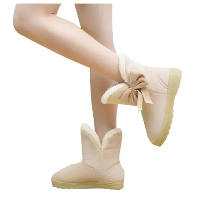 New Hot Sale Women Snow Boots Solid Bowtie Slip-On Soft Cute Women Boots Round Toe Flat with Winter Shoes