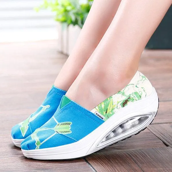 Pattern Color Blocking Canvas Platform Rocker Sole Shake Shoes