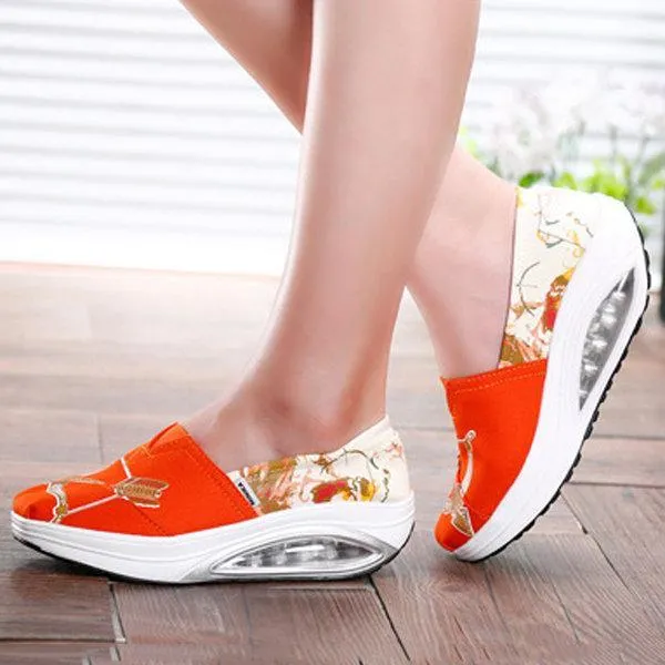 Pattern Color Blocking Canvas Platform Rocker Sole Shake Shoes