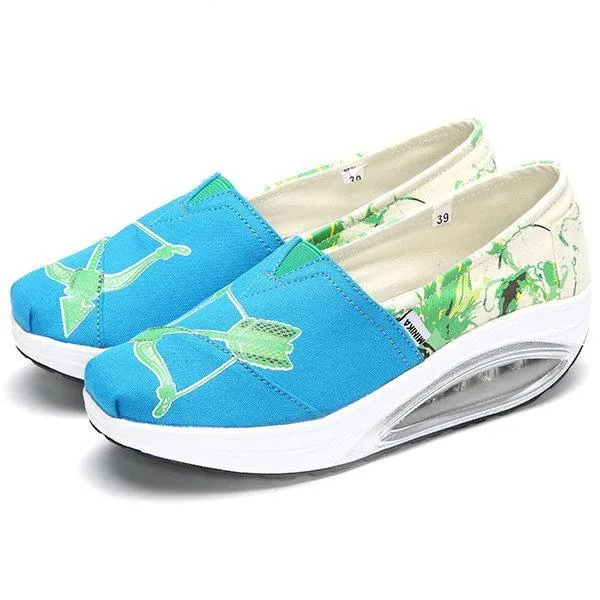 Pattern Color Blocking Canvas Platform Rocker Sole Shake Shoes