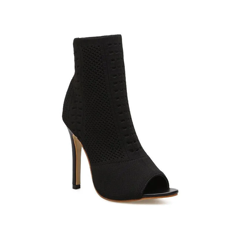 Peep Toe Cutout Stiletto Sock Boots