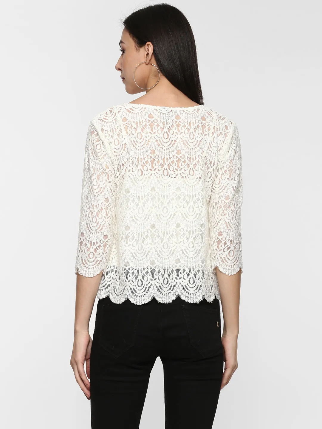 Porsorte Women White Net Crochet Lace  Top