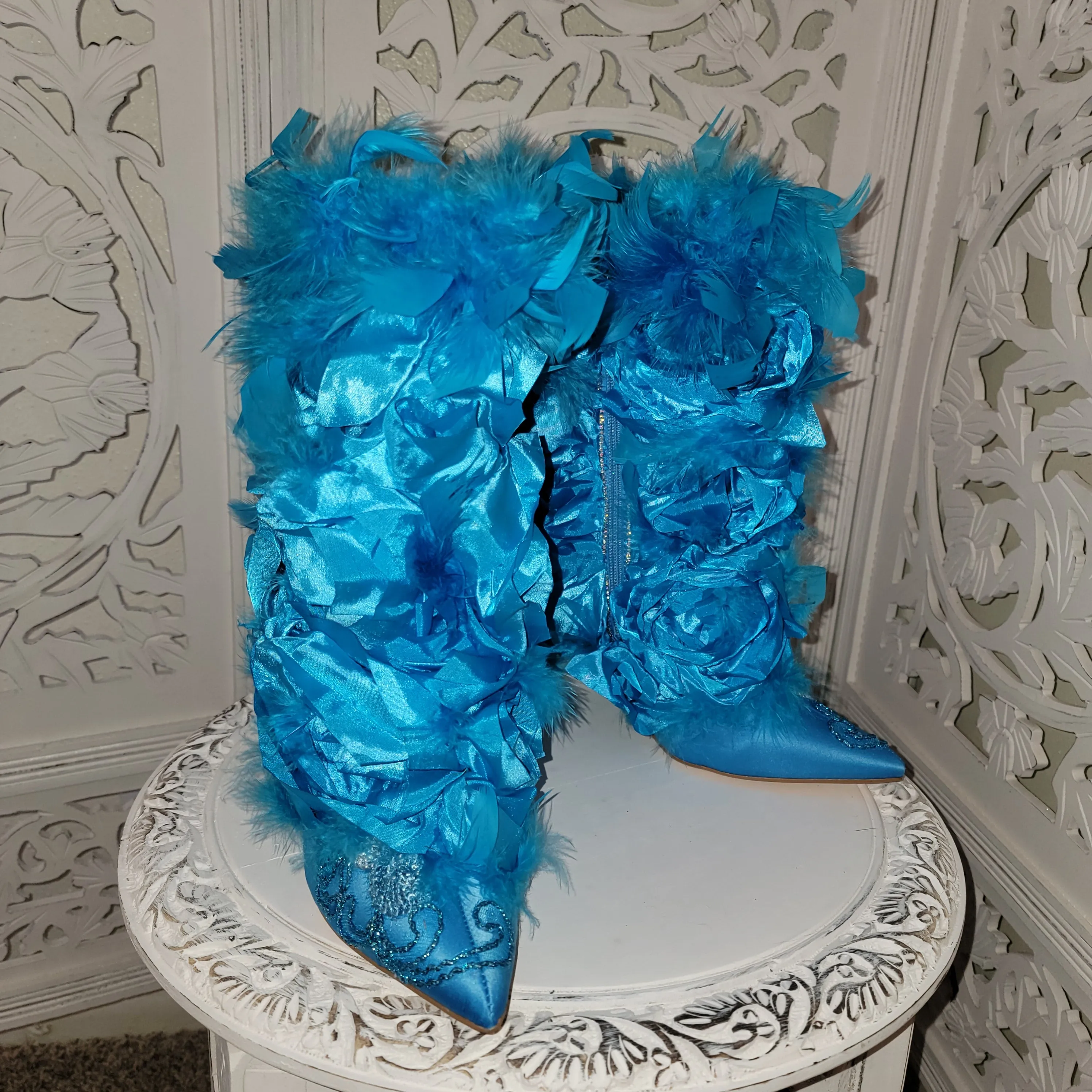 "GAIA" Turquoise Rosette Feather Crystal Lace Ankle Boots