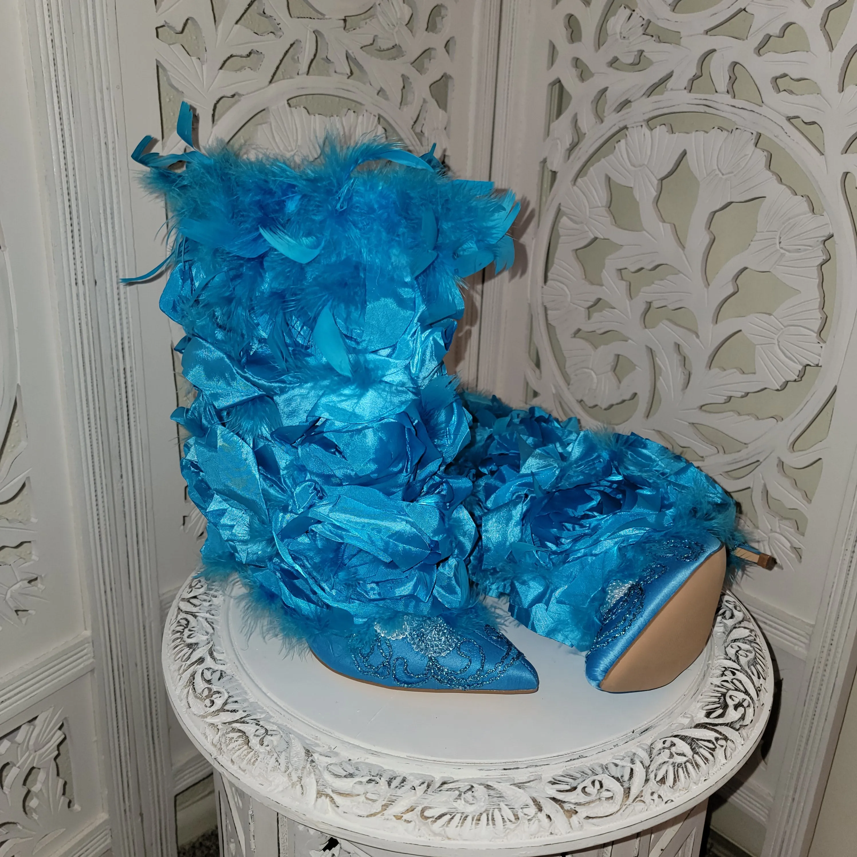 "GAIA" Turquoise Rosette Feather Crystal Lace Ankle Boots