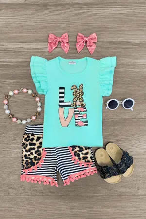 "Love" Mint & Stripe Bunny Short Set