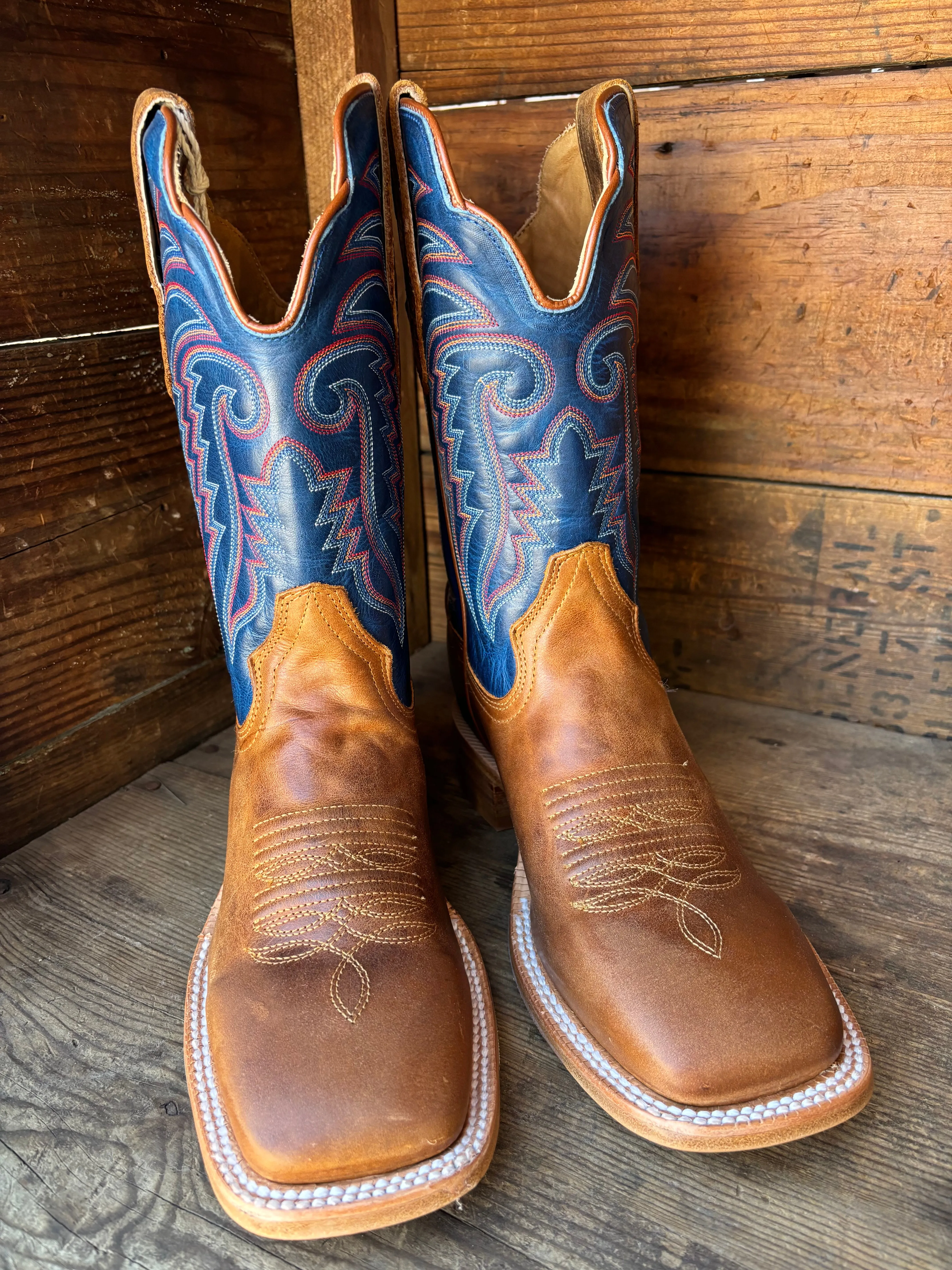 R. Watson Men's Electric Blue & Honey Wide Square Toe Cowboy Boots RW8033-2