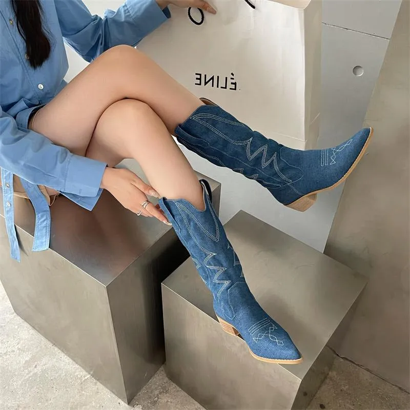 Retro Pointed Toe Chunky Embroidered Western Cowboy Boots